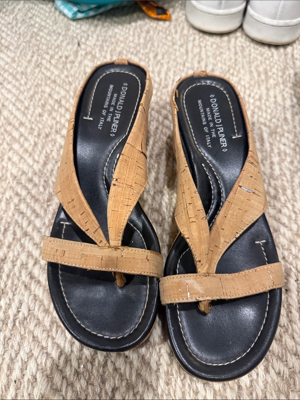 Donald J. Pliner Cork-Effect Tan Thong Sandals with Black Footbed